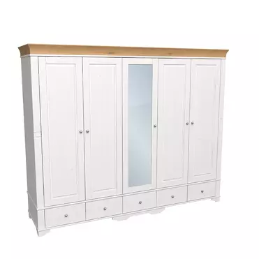 Шкаф 5 дверный с 4 глухими дверями и 1 зеркальной дверью Бейли белый воск/антик