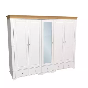 Шкаф 5 дверный с 4 глухими дверями и 1 зеркальной дверью Бейли белый воск/антик