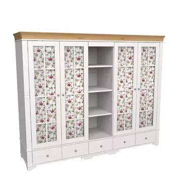 Шкаф 5 дверный с 4 стеклянными дверями и полками белый воск/антик