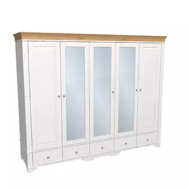 Шкаф 5 дверный с 2 глухими дверями и 3 зеркальными дверью белый воск/антик