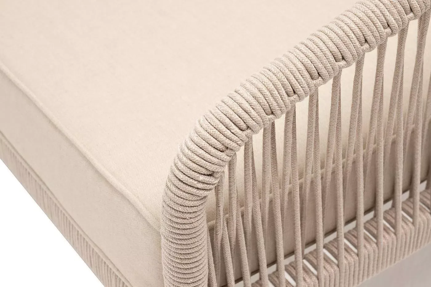 "Канны" диван модульный плетеный из роупа, каркас алюминий белый, роуп бежевый круглый, ткань бежевая 035