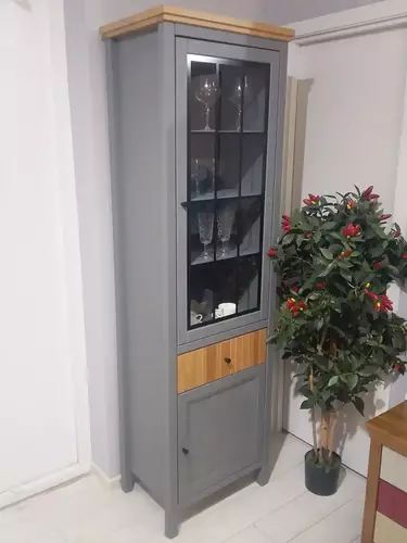 Шкаф для посуды Сканди 111СТЧ стеклянная и глухая двери, серый 7046/антик 24 (выставочный образец)