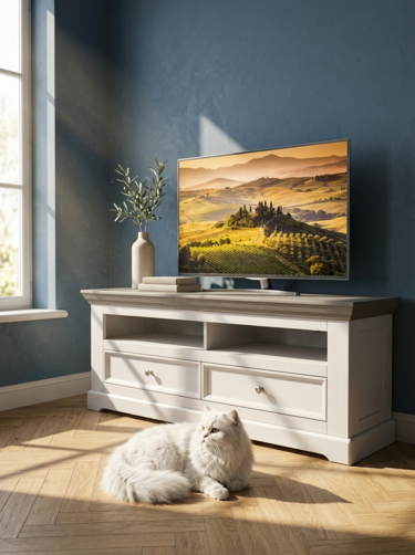 Тумба Форест под ТВ с 2-я ящиками белый воск/серый