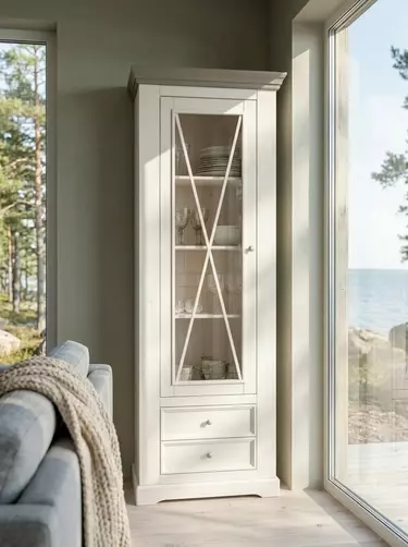 Шкаф Форест для посуды узкий 1-дверный с 2-я ящиками белый воск/серый