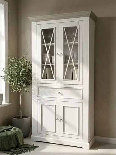 Шкаф Форест для посуды широкий 4-дверный с 1 ящиком белый воск/серый