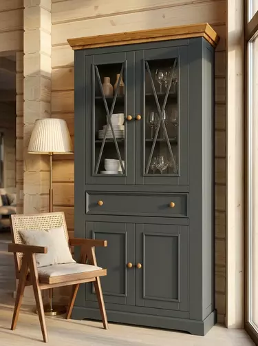 Шкаф для посуды Форест широкий 4 двери 1 ящик серый 7012/бейц-масло