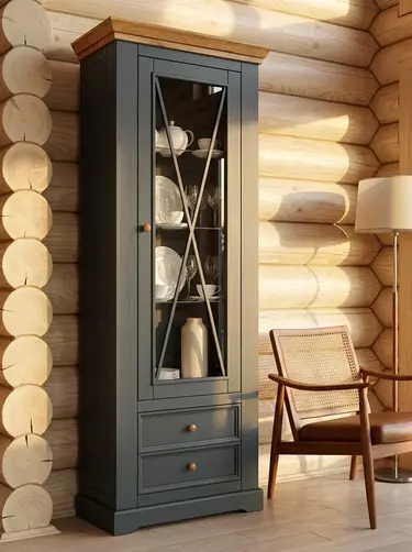 Шкаф для посуды Форест узкий 1 дверь 2 ящика серый 7012/бейц-масло