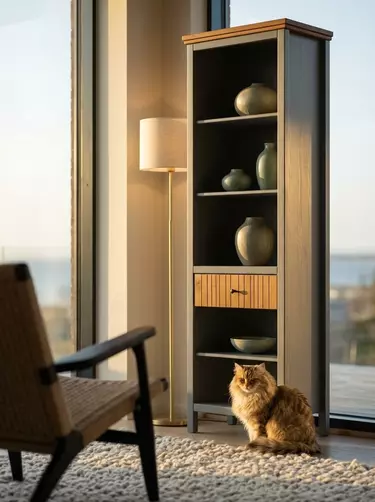 Стеллаж массив сосны Сканди 01 с ящиком, серый 7046/антик