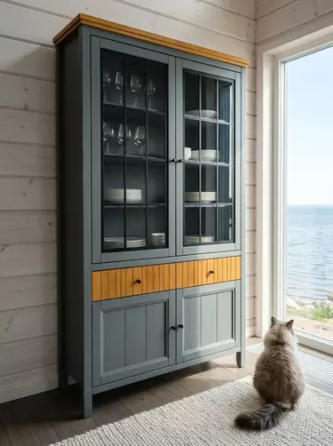 Шкаф для посуды Сканди 222СТЧ стеклянные и глухие двери, серый 7046/антик