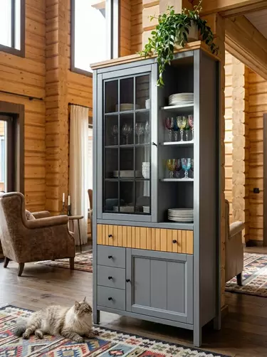 Шкаф Сканди для посуды 1113СТЧ стеклянная и глухая двери, серый 7046/антик