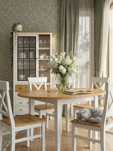 Стол Сканди обеденный раскладной D110/145, белый/антик