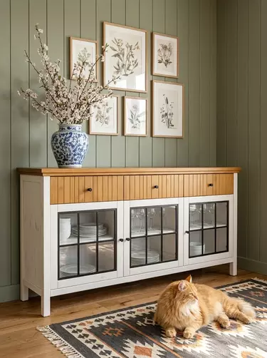 Тумба массив сосны Сканди 33СТЧ стеклянные двери белый/антик