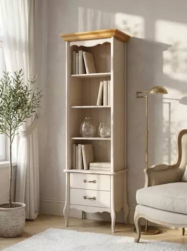 Стеллаж массив сосны 2 ящика Лебо узкий Бежевый воск/Антик