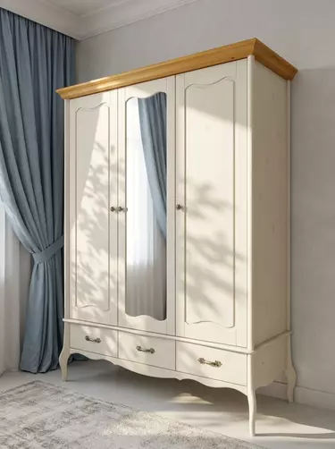 Шкаф 3 ящика Лебо 3-дверный с зеркалом Бежевый воск/Антик