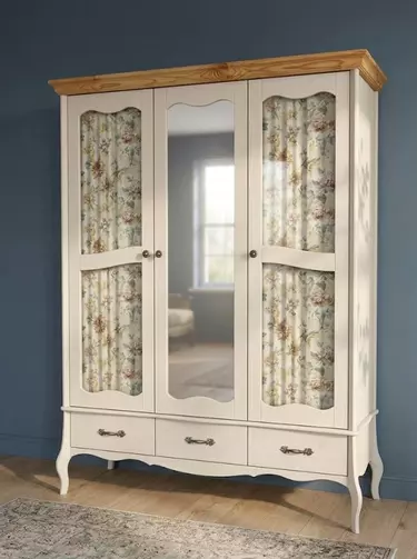 Шкаф 3-дверный с 2-мя стеклянными дверями и зеркалом Бежевый воск/Антик