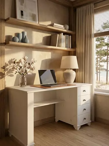 Стол массив сосны Бейли письменный с 4-я ящиками белый воск