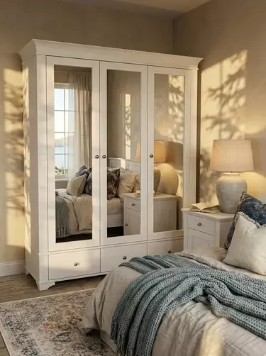 Шкаф 3 ящика со стеклом Бейли 3-ств с зеркальными дверями белый воск