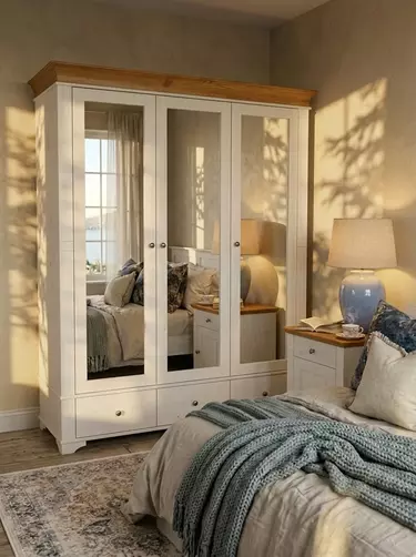 Шкаф 3х дверный с зеркальными дверями Бейли белый воск/антик